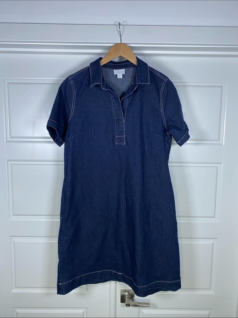 Liz Claiborne Simply Liz Denim Shirt Dress Medium Organic Cotton Blend Dark Wash